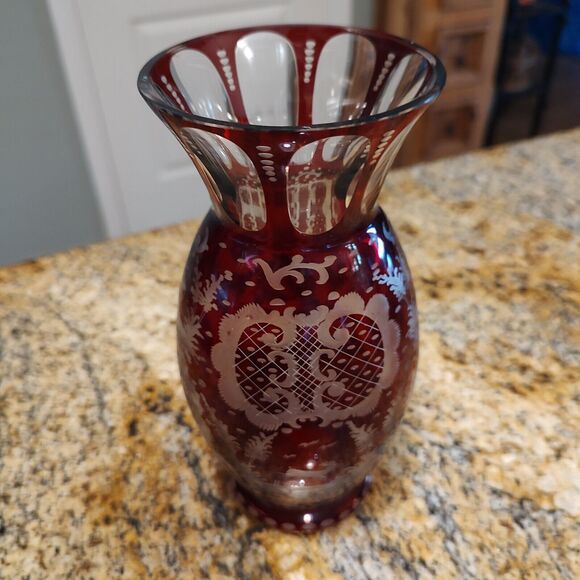 Vintage Egermann Czech Bohemian Cut to clear Ruby Red Glass Flower Vase - Picture 2 of 3